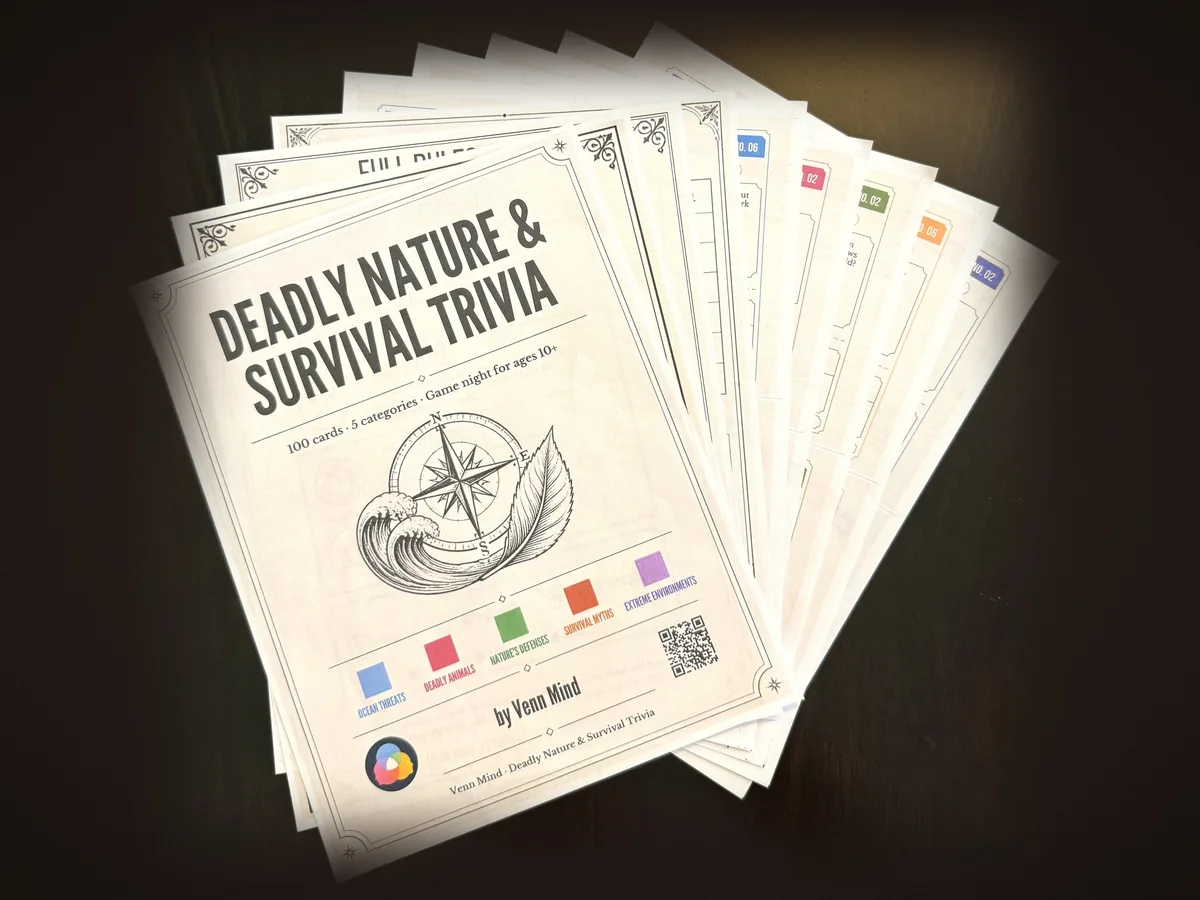 Deadly Nature and Survival Trivia printable cards fanned out